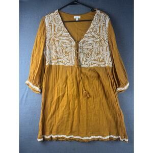 Garnet Hill Women's Yellow Organic Cotton Blouse XS Peasant Tunic Embroidered